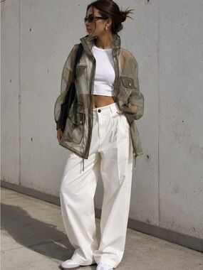 SFW Olive Sheer Organza Hooded Utility Parka Jacket XS Lightweight